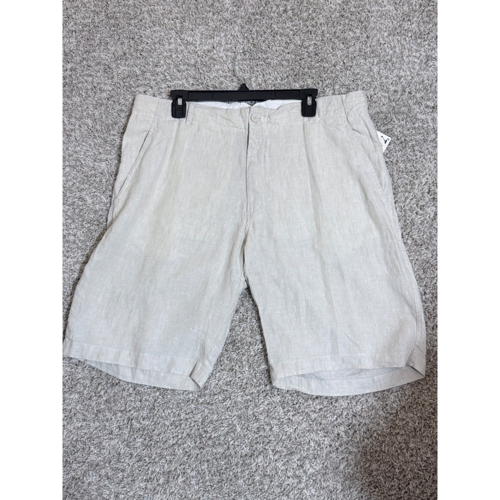 Saks Fifth Avenue Mens 100% Linen Striped Shorts Beige White Size 38 NWT
